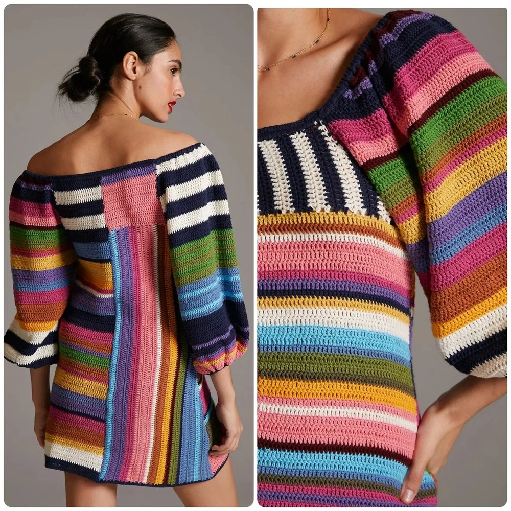 Farm Rio Mixed Stripes Crochet Knit Mini Dress – XL – NWT – Anthropologie - Picture 2 of 12